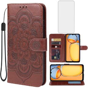 Case for Redmi 13C (4G/5G)/Poco M6 5G/Poco C65/Redmi 13R 5G Wallet Case with Tempered Glass Screen Protector, Leather Flip Credit Card Holder Stand Phone Cover for Xiaomi Redmi 13C Brown in Saudi Arabia