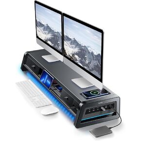 Vaydeer All-in-One Dual Monitor Stand Riser with 2 Drawers, 8USB Ports and Wireless Charging Pad with LED Light Strip for 2 Monitors , Desk Organizer for PC, iMac (Metal, 39.3 inches)-Black in Kuwait