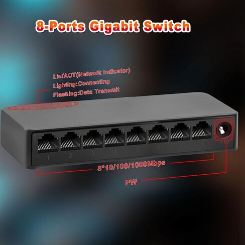 8 Ports Gigabit Ethernet Switch Unmanaged, Network Switch Supported Desktop or Wall Mount,1000Mbps Ethernet SplitterPlug & Play|Fanless Design|Shielded Ports|Traffic Optimization in Saudi Arabia