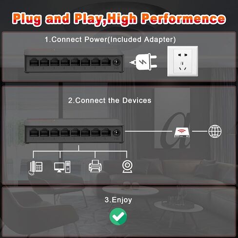 8 Ports Gigabit Ethernet Switch Unmanaged, Network Switch Supported Desktop or Wall Mount,1000Mbps Ethernet SplitterPlug & Play|Fanless Design|Shielded Ports|Traffic Optimization in Saudi Arabia