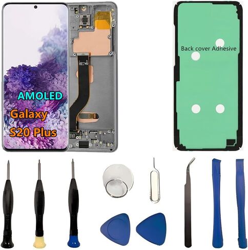 AMOLED Galaxy S20 Plus شاشة LCD بديلة لهاتف Samsung Galaxy S20 Plus 5G مجموعة محول رقمي لشاشة تعمل باللمس SM-G986U SM-G986U1 تدعم بصمة الإصبع (مع إطار أزرق + غطاء خلفي لاصق + أدوات) in Kuwait