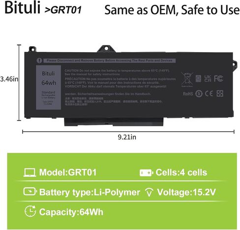 GRT01 Laptop Battery Replacement for Dell Latitude 5421 5431 5521 5531 Precision 3561 3470 3571 3581 Alienware m17 R5 AMD Series Laptop 00P3TJ 0P3TJ 0R05P0 R05P0 05RGW 9JRV0 15.2V 64Wh in Kuwait