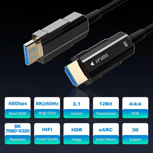 كابل HDMI 2.1 8K بطول 15 قدم/5 متر، كابل HDMI من الألياف الضوئية، سلك HDMI رفيع للغاية عالي السرعة، 48 جيجابت في الثانية، 8K@60 هرتز 4K@120 هرتز، HDR ديناميكي، eARC، HDCP 2.2&2.3، ثلاثي الأبعاد، لشاشة HDTV Game Laptop Xbox PS4/PS5 in Kuwait