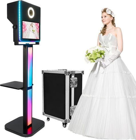 Mirror Photo Booth 15.6" Touch Screen, Portable DSLR Photobooth Machine RGB Lights Built-in Mini PC Flight Case for Events Birthday Wedding Halloween School Party Rental (White Color) in Saudi Arabia