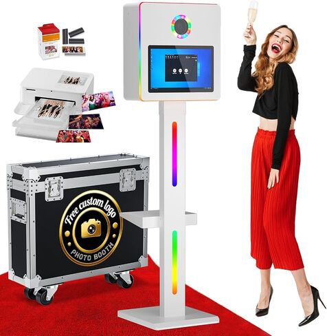 Mirror Photo Booth with Printer, DSLR Photo Booth Built-in Mini PC with 15.6" Touch Screen, App Remote Music Sync RGB Lights, Flight Case, Instant Print and Share for Parties Event Rental (White) in Saudi Arabia