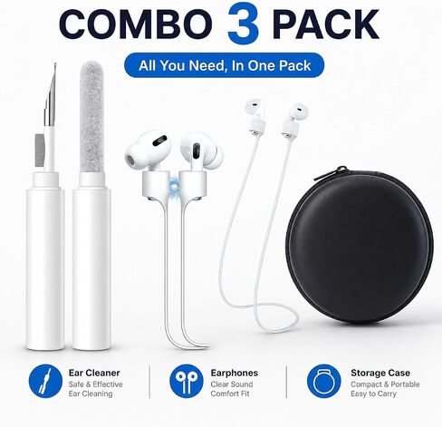 AirPods Accessories Kit 3-in-1 Bundle – Earbud Cleaning Pen, Magnetic Anti-Lost Silicone Strap & Hard Travel Carrying Case for Apple AirPods, Earbuds, Bluetooth Headphones & Wireless Earphones in Saudi Arabia