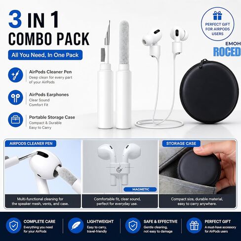 AirPods Accessories Kit 3-in-1 Bundle – Earbud Cleaning Pen, Magnetic Anti-Lost Silicone Strap & Hard Travel Carrying Case for Apple AirPods, Earbuds, Bluetooth Headphones & Wireless Earphones in Saudi Arabia