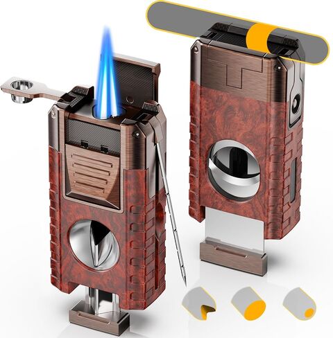 6-in-1 Butane Torch Lighter with V & Straight Cutters, Windproof 3 Jet Flame, Built-in Holder, Punch, Draw Enhancer, Refillable Cool Lighters with Gift Box, Gifts for Men, Candles, Travel (Wood grain) in Saudi Arabia