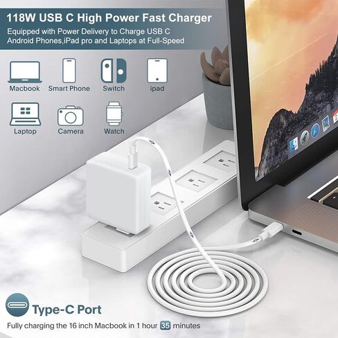 شاحن Mac Book Pro - شاحن USB C بقوة 118 واط متوافق مع MacBook Pro/Air، M1 M2 M3 M4 M5، iPad Pro، Samsung Galaxy، والمزيد من أجهزة USB-C (يتضمن كابل 6.6 قدم) in Kuwait