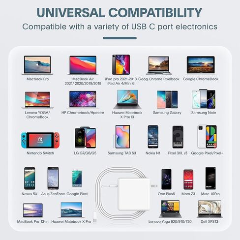 شاحن Mac Book Pro - شاحن USB C بقوة 118 واط متوافق مع MacBook Pro/Air، M1 M2 M3 M4 M5، iPad Pro، Samsung Galaxy، والمزيد من أجهزة USB-C (يتضمن كابل 6.6 قدم) in Kuwait