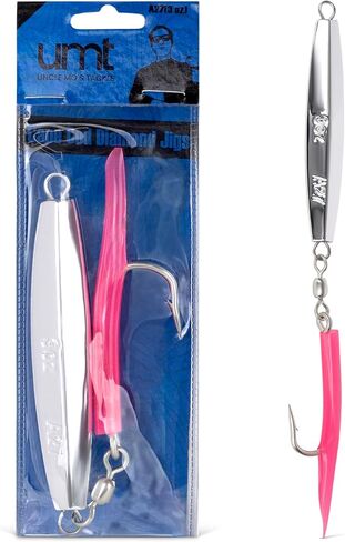 UMT 3oz Saltwater Diamond Jigs Green or Pink Rubber Teaser, 6/0 Custom 4X Hook for Bluefish, Cod, Black Sea Bass, Grouper, Amberjack, Tuna 1, 5, 10 Pack Bulk Options in Kuwait