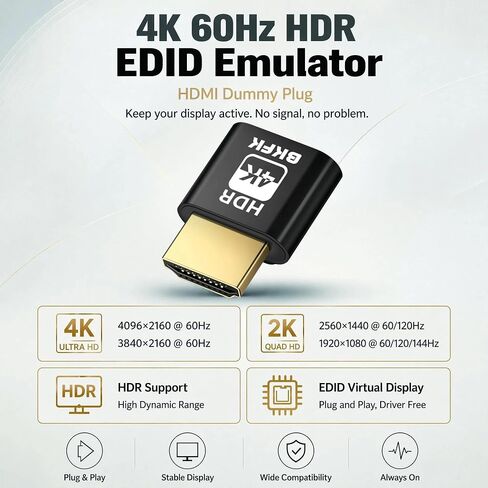 HDMI Dummy Plug 4K HDR,Virtual Monitor EDID Emulator, Headless Display Adapter,Headless hdmi Adapter，hdmi Dummy，Supports up to 4k@60Hz,1080@120Hz(4K-HDR-1P) in Saudi Arabia