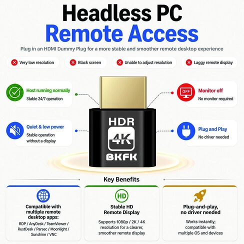 HDMI Dummy Plug 4K HDR,Virtual Monitor EDID Emulator, Headless Display Adapter,Headless hdmi Adapter，hdmi Dummy，Supports up to 4k@60Hz,1080@120Hz(4K-HDR-1P) in Saudi Arabia