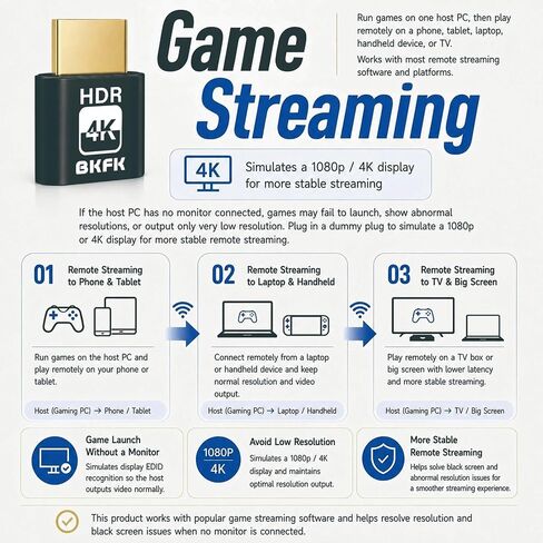 HDMI Dummy Plug 4K HDR,Virtual Monitor EDID Emulator, Headless Display Adapter,Headless hdmi Adapter，hdmi Dummy，Supports up to 4k@60Hz,1080@120Hz(4K-HDR-1P) in Saudi Arabia
