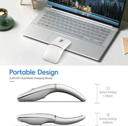 HXMJ- Foldable Bluetooth Travel Mouse,Wireless Portable 2.4G Arc Mice,Multi-Device (Bluetooth+2.4G),360° Rotating Rechargeable Flat Mice for Desktop PC Laptops Tablets-White in Saudi Arabia