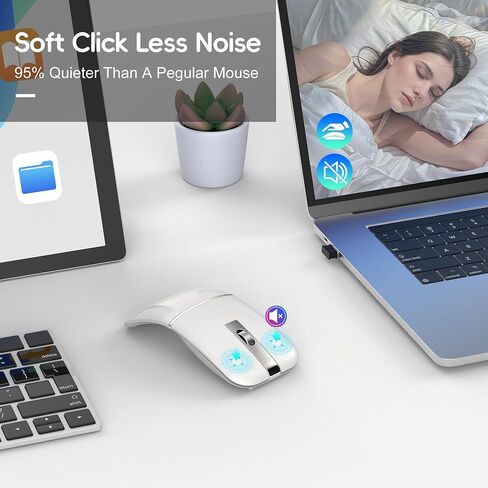 HXMJ- Foldable Bluetooth Travel Mouse,Wireless Portable 2.4G Arc Mice,Multi-Device (Bluetooth+2.4G),360° Rotating Rechargeable Flat Mice for Desktop PC Laptops Tablets-White in Saudi Arabia