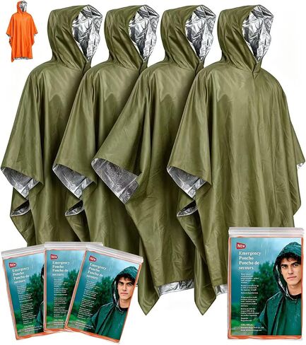 Emergency Survival Poncho (4pc) Thermal Mylar Foil Coating Blanket for Heat Retention and Rain | Reversible with Hood | Waterproof, Windproof, Portable | Green | 100x130cm in Saudi Arabia