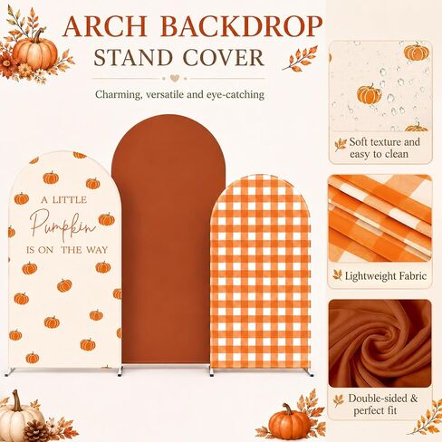 FYSUIMU 3 Pcs Fall Arch Backdrop Covers A Little Pumpkin is on the Way Baby Shower Decorations Orange Plaid Stretchy Spandex Arch Stand Fabric Cover for Autumn Gender Reveal Birthday (4ft/5ft/6ft) in Kuwait