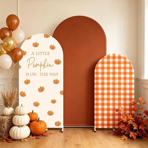 FYSUIMU 3 Pcs Fall Arch Backdrop Covers A Little Pumpkin is on the Way Baby Shower Decorations Orange Plaid Stretchy Spandex Arch Stand Fabric Cover for Autumn Gender Reveal Birthday (4ft/5ft/6ft) in Kuwait