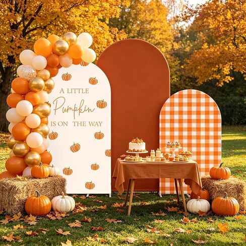 FYSUIMU 3 Pcs Fall Arch Backdrop Covers A Little Pumpkin is on the Way Baby Shower Decorations Orange Plaid Stretchy Spandex Arch Stand Fabric Cover for Autumn Gender Reveal Birthday (4ft/5ft/6ft) in Kuwait