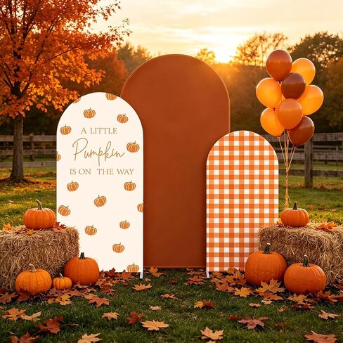FYSUIMU 3 Pcs Fall Arch Backdrop Covers A Little Pumpkin is on the Way Baby Shower Decorations Orange Plaid Stretchy Spandex Arch Stand Fabric Cover for Autumn Gender Reveal Birthday (4ft/5ft/6ft) in Kuwait
