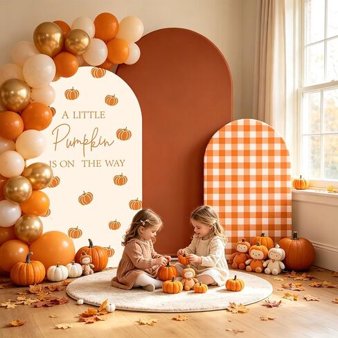 FYSUIMU 3 Pcs Fall Arch Backdrop Covers A Little Pumpkin is on the Way Baby Shower Decorations Orange Plaid Stretchy Spandex Arch Stand Fabric Cover for Autumn Gender Reveal Birthday (4ft/5ft/6ft) in Kuwait