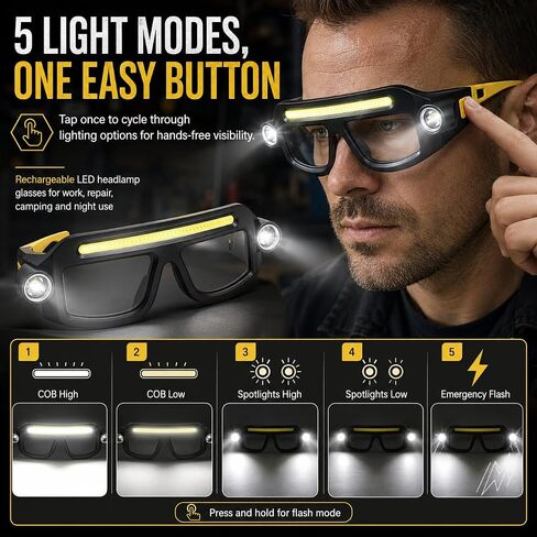 LED Rechargeable Headlight Safety Glasses with COB Floodlight & Spotlight LED Light, 5 Modes USB C Light Up Glasses Lighted Eyewear for Running Camping Fishing Cycling Hiking in Saudi Arabia