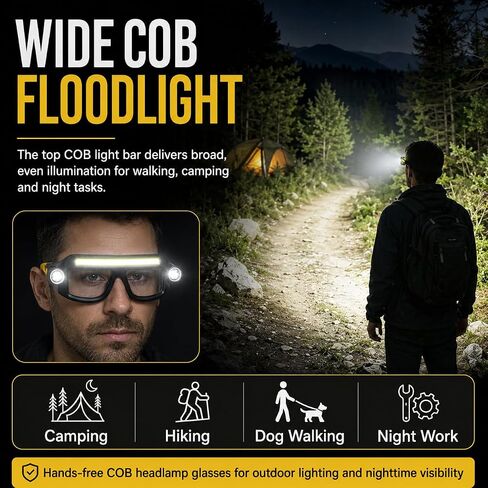 LED Rechargeable Headlight Safety Glasses with COB Floodlight & Spotlight LED Light, 5 Modes USB C Light Up Glasses Lighted Eyewear for Running Camping Fishing Cycling Hiking in Saudi Arabia