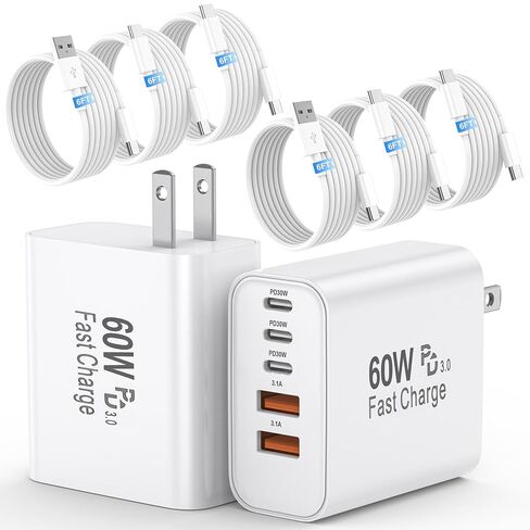 شاحن USB C بخمسة منافذ بقدرة 60 وات، عبوتان، كابل 6FT C-C/A-C و6 محطات متعددة المنافذ in Kuwait