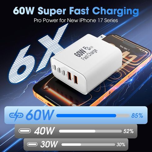 شاحن USB C بخمسة منافذ بقدرة 60 وات، عبوتان، كابل 6FT C-C/A-C و6 محطات متعددة المنافذ in Kuwait