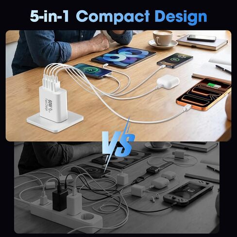 شاحن USB C بخمسة منافذ بقدرة 60 وات، عبوتان، كابل 6FT C-C/A-C و6 محطات متعددة المنافذ in Kuwait