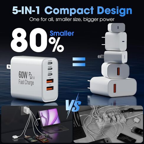 شاحن USB C بخمسة منافذ بقدرة 60 وات، عبوتان، كابل 6FT C-C/A-C و6 محطات متعددة المنافذ in Kuwait