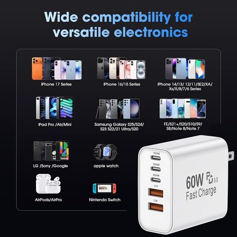 شاحن USB C بخمسة منافذ بقدرة 60 وات، عبوتان، كابل 6FT C-C/A-C و6 محطات متعددة المنافذ in Kuwait