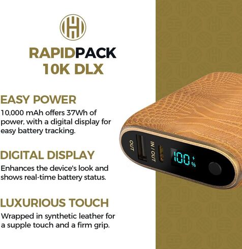 Halo RapidPack 10K DLX Power Bank | USB & USB-C Fast Charging for Multiple Devices, Smart Phones & Tablets, Synthetic Leather Wrapped, Portable Battery Charger, TSA Air Travel Approved — Gold in Saudi Arabia