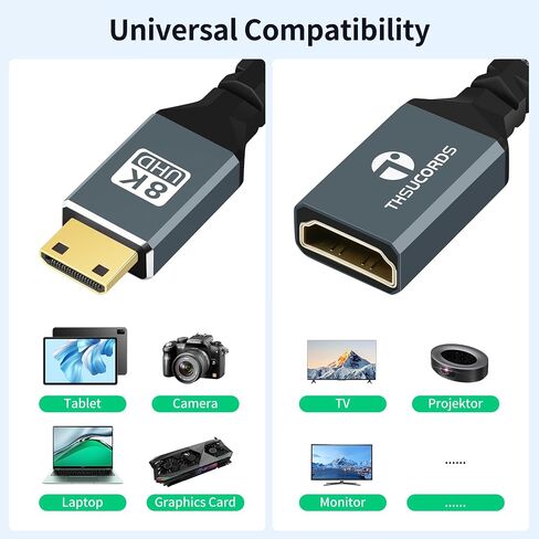 Thsucords 8K Mini HDMI to HDMI Adapter Cable 0.65Ft/0.2M Mini HDMI Male to HDMI-Female Support 8K/60Hz 4K/120Hz for HDTV, Projector Graphics Card,Tablet,Camera,Laptop in Saudi Arabia