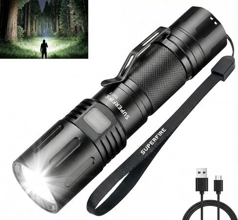 SuperFire Tactical Flashlight Rechargeable, 3000 Lumens Powerful Zoomable LED Flashlight, USB-C Charging & IP44 Waterproof with 5 Modes for Camping, Hiking, Emergency, Home Use in Saudi Arabia