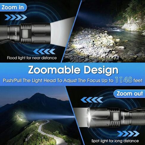 SuperFire Tactical Flashlight Rechargeable, 3000 Lumens Powerful Zoomable LED Flashlight, USB-C Charging & IP44 Waterproof with 5 Modes for Camping, Hiking, Emergency, Home Use in Saudi Arabia