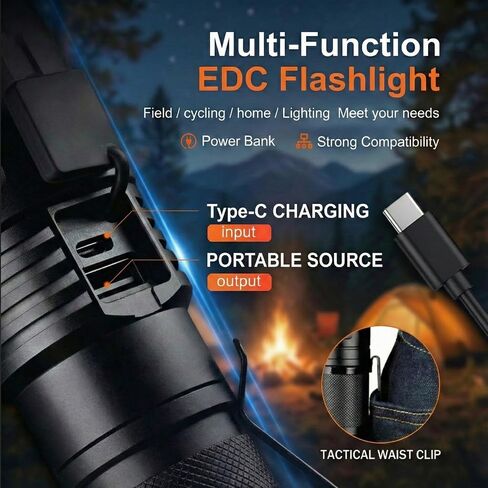 SuperFire Tactical Flashlight Rechargeable, 3000 Lumens Powerful Zoomable LED Flashlight, USB-C Charging & IP44 Waterproof with 5 Modes for Camping, Hiking, Emergency, Home Use in Saudi Arabia