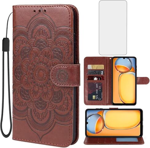 Case for Redmi 13C (4G/5G)/Poco M6 5G/Poco C65/Redmi 13R 5G Wallet Case with Tempered Glass Screen Protector, Leather Flip Credit Card Holder Stand Phone Cover for Xiaomi Redmi 13C Brown in Saudi Arabia