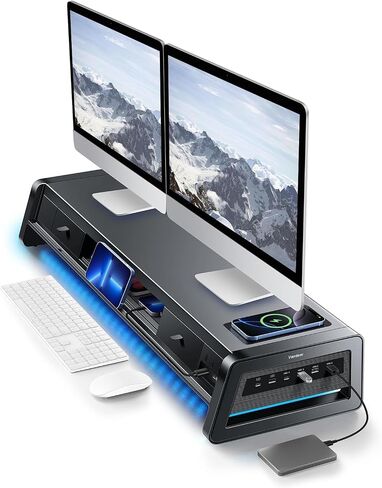 Vaydeer All-in-One Dual Monitor Stand Riser with 2 Drawers, 8USB Ports and Wireless Charging Pad with LED Light Strip for 2 Monitors , Desk Organizer for PC, iMac (Metal, 39.3 inches)-Black in Kuwait