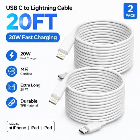 20ft USB C to Lightning Cable for iPhone, 20W Fast Charger Cord 2 Pack in Saudi Arabia
