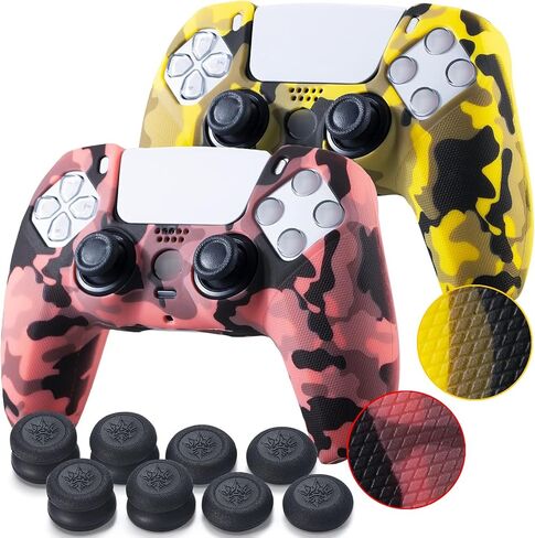 YoRHa Grip Texture Silicone Skin for PS5 Controller x 2(Print Coral+Yellow) with Pro Thumb Grips x 8 in Saudi Arabia
