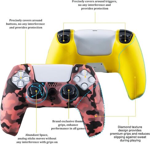 YoRHa Grip Texture Silicone Skin for PS5 Controller x 2(Print Coral+Yellow) with Pro Thumb Grips x 8 in Saudi Arabia