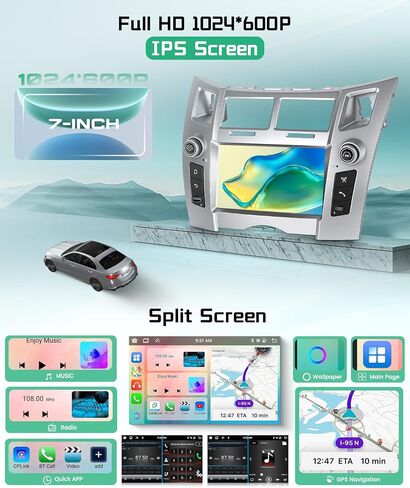 8 Core Car Radio for Toyota Yaris 2005–2011,7'' IPS Touchscreen Stereo with 4+64G Android 15 5G WiFi USB&Type-C Port Android Auto GPS BT5.0 FM/RDS Rear View Cam for Yaris CarPlay in Saudi Arabia