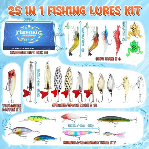 25 in 1 Fishing Lures Kit, Surprise Fishing Bait Set with 3D Eyes Poppers, Minnows, Crankbait, Frogs & Shrimp, Freshwater Fish Tackle Gear Gifts for Men Father Husband in Saudi Arabia