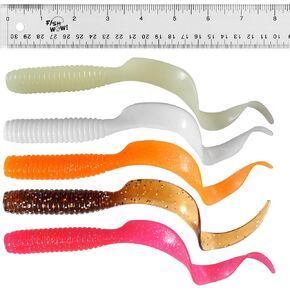 15pcs 8" (with Tail Extended) Curly Single Tail Perch Grub Lure 5 inch Scampi Soft Bait 5-Color Set Pink Orange Whie Root Beer Glow in Saudi Arabia
