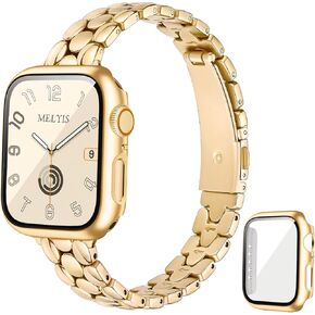 Melyis Slim Metal Band with Case Fits Apple Watch Bands for Women 40mm, Thin Stainless Steel iWatch Bands for Women, Dressy Band for Apple Watch with Screen Protector Series SE 6 5 4, Gold in Saudi Arabia