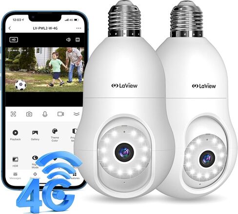 LaView 4G LTE Cellular Light Bulb Security Camera,360°2K Security Cameras Wireless Outdoor Indoor 4MP Full Color Day and Night,Motion Detection, Audible Alarm,Easy Installation (2PK) in Kuwait
