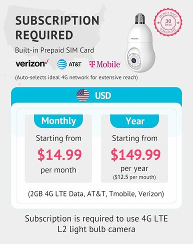 LaView 4G LTE Cellular Light Bulb Security Camera,360°2K Security Cameras Wireless Outdoor Indoor 4MP Full Color Day and Night,Motion Detection, Audible Alarm,Easy Installation (2PK) in Kuwait