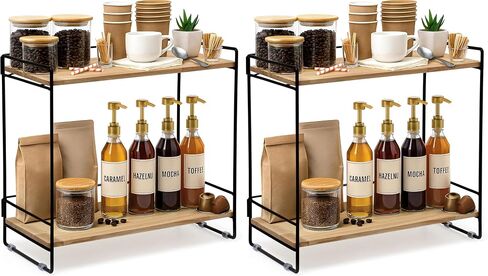 Wooden Coffee Bar Organizer, 2 Tier Kitchen Coffee Shelf for Countertop in Kuwait